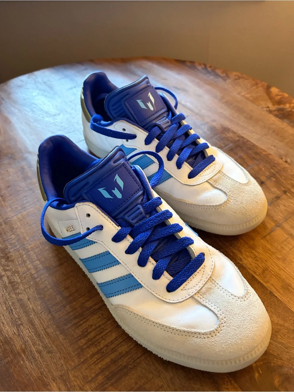Lionel Messi Adidas Sambas. White & Blue Retro Sneakers with Blue Laces